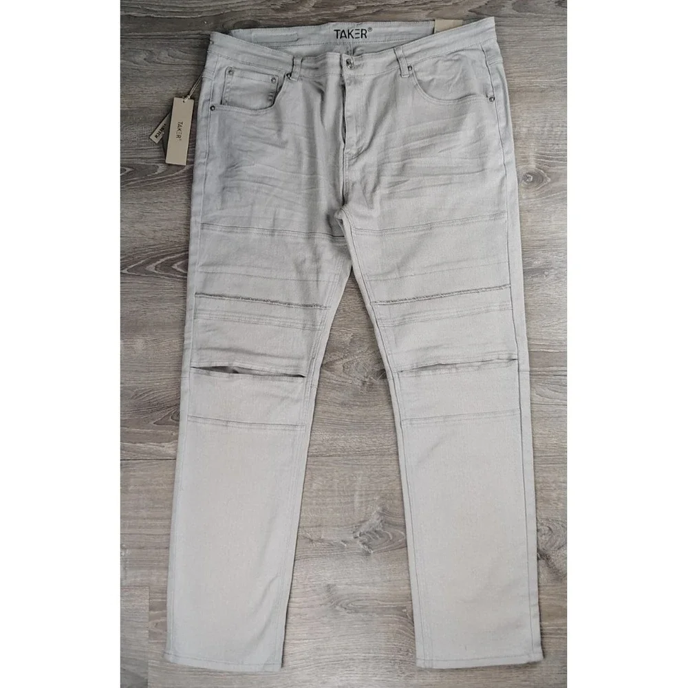 Taker Mens Distressed Jeans Premium Stretch 42x32 Gray B2037 Twill Skinny Fit‎
